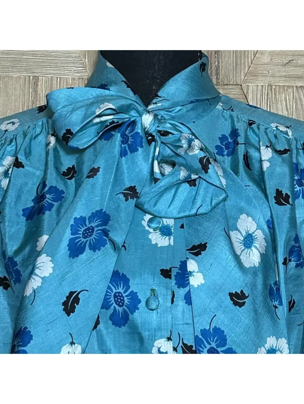 Women's Vintage Blue Floral Long Sleeve 2 Piece Set Silk 80s Fashion Retro S/M